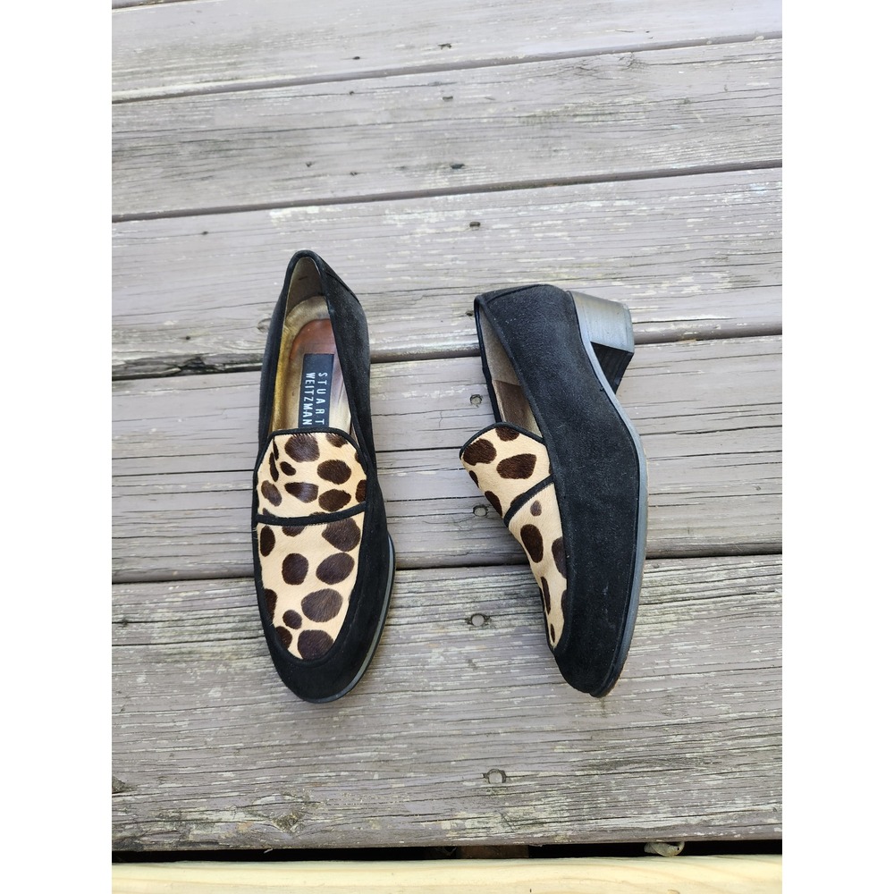 Vintage Stuart Weitzman Loafers Black Suede Leopard Pony Hair Block Heel 6.5 M